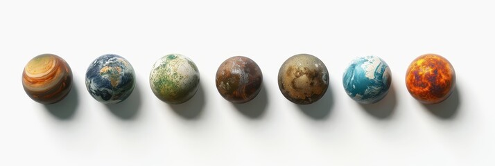 Wall Mural - A variety of realistic exoplanets displayed against a white background showcasing different textures and colors representing distant worlds