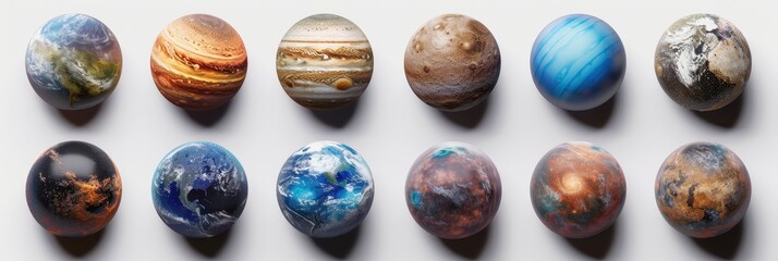 Wall Mural - A diverse collection of realistic exoplanets displayed on a white background, showcasing unique characteristics and formations
