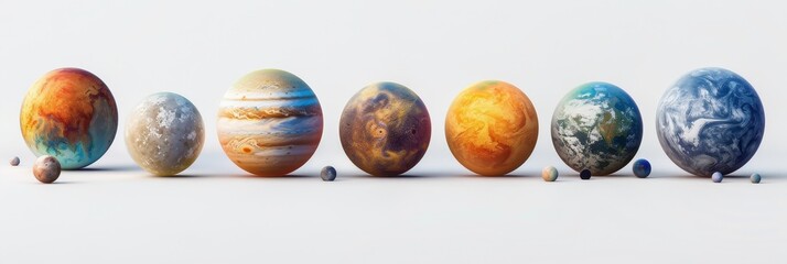 Wall Mural - A collection of various exoplanets depicted on a white background showcasing unique colors and textures