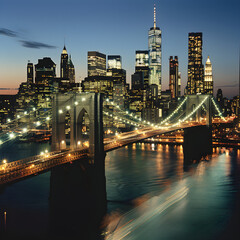 illuminated view of the new york city skyline from brooklyn at night with the brooklyn bridge connec