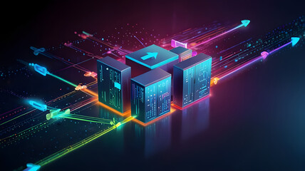  Digital technology isometric data transfer hardware cpu cloud storage for downloading, representing a digital service or application facilitating data transmission.