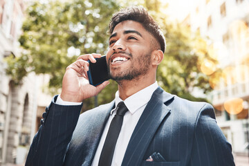 Poster - Phone call, business and man in city, contact and conversation with network signal. Person, accountant and consultant in street, smartphone and discussion with digital app, communication and commute