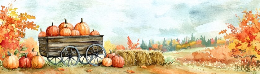 A beautiful autumn landscape featuring a wagon filled with pumpkins amidst vibrant fall foliage and a serene countryside.