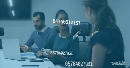 Poster - Business meeting with numerical data processing animation over diverse professionals in office