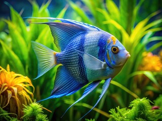 Vibrant blue and silver angelfish swims gracefully amidst lush green aquatic plants and coral in a serene, sunlit freshwater aquarium environment.