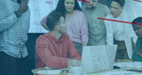 Poster - Financial data processing animation over diverse business people working on laptops