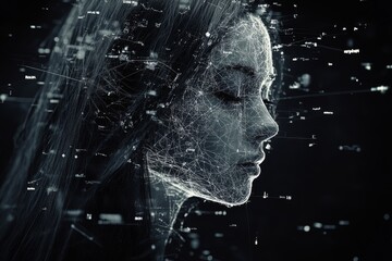 Canvas Print - Digital profile of a woman with matrix like brain patterns symbolizing the fusion of technology and thought in a futuristic high tech setting