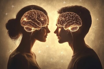 Canvas Print - Warm glowing brain connection between a couple symbolizing the intellectual and emotional bond in a cozy intimate setting