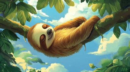 A sleepy cartoon sloth hanging upside down from a tree branch, with a dreamy expression and tropical surroundings