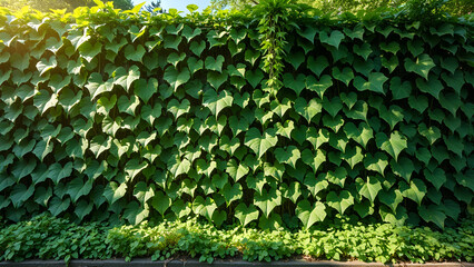 Urban wall covered by ivy leaves in sunny day. Green wall in the garden with air purification plants. Ecology and green city concept. Abstract nature background for banner, poster, wallpaper