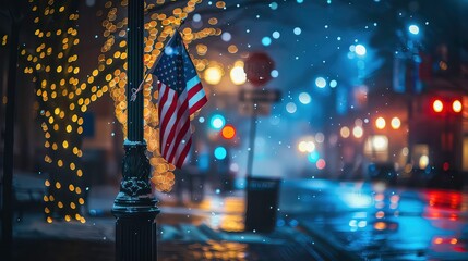 Sticker - American flag hanging on a lamp post in a snowy city at night.