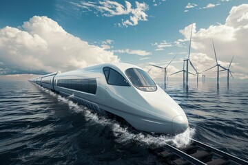 A futuristic train travels over water, paired with wind turbines in the background. This image captures innovation and modern public transport. Generative AI