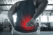 © peopleimages.com - Man, workout and red glow for back pain at gym with muscle tension and strain on weightlifting. Male person, fitness and exercise with ache, injury and inflammation on training and warm up for health