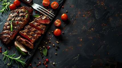 The image shows a grilled beef steak with spices on a knife on a stone background with space for your text.