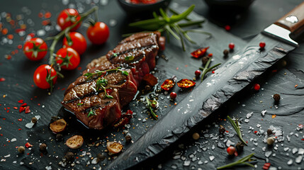 The image shows a grilled beef steak with spices on a knife on a stone background with space for your text.