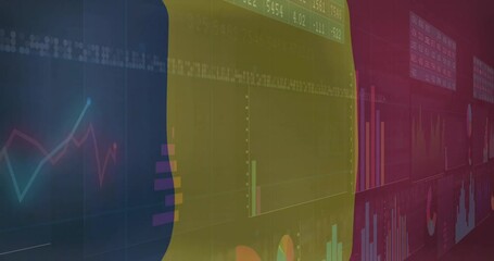 Poster - colorful bar and line charts animation over financial data graphs background