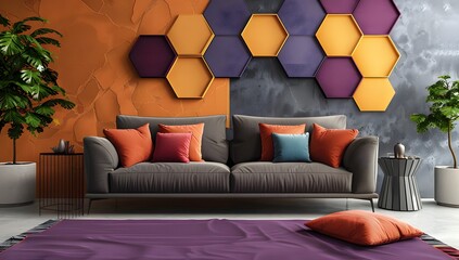 Wall Mural - A living room interior with an orange sofa, gray walls and hexagonal decoration on the wall. A table is placed in front of it.