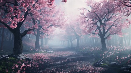 Sticker - sakura forest, light fog, deep atmosphere, ultra realism, 8k quality 