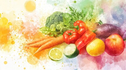 Wall Mural - An array of fresh vegetables artistically placed on a watercolor background, highlighting a colorful, organic food concept.