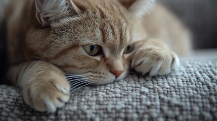 A close-up of a relaxed ginger cat resting on a soft surface, showcasing its expressive eyes and detailed fur