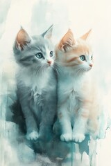two adorable kittens, one gray and one orange, sit side by side with bright blue eyes, creating a ch