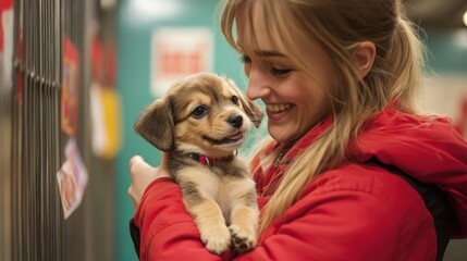 A joyful moment between a woman and a cute puppy, both sharing a warm smile in a cozy environment, capturing the essence of companionship and affection