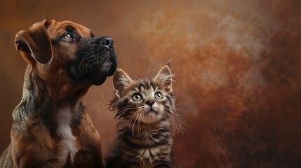 Canvas Print - A dog and a cat sitting together, gazing upwards, showcasing companionship and curiosity.