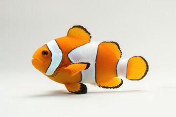 Wall Mural - A close-up of an orange and white clownfish on a white surface