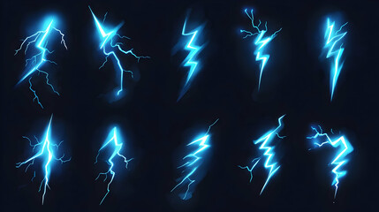 Wall Mural - Cartoon lightning animation. Animated frames of electric strike, magic electricity hit and thunderbolt effect vector illustration set. Game asset collection of blue glowing storm bolts