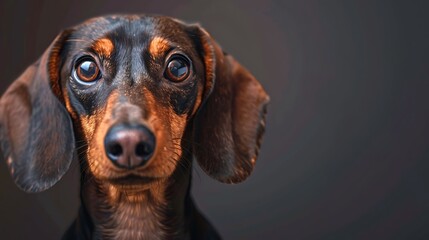 Canvas Print - A close-up portrait of a dachshund with expressive eyes against a dark background.