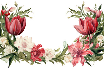 A classic floral border featuring red tulips, white lilies, and pink peonies isolated on white background