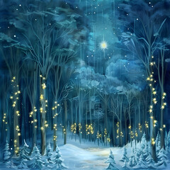 Wall Mural - Snowy forest path illuminated by christmas lights with a bright star shining in the night sky