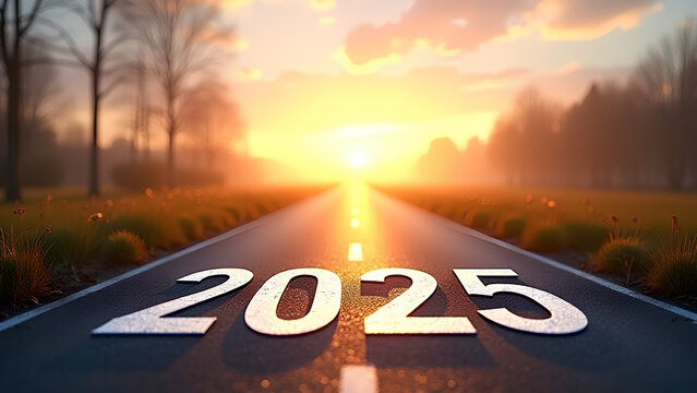 New year 2025 Concept photo written on the road in the middle of asphalt road at morning