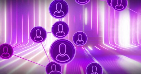 Poster - Network of user icons connected by lines, digital communication animation over neon background