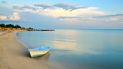 Wall Mural - A tranquil coastal inlet with calm waters, sandy shores, and a small fishing boat anchored near the dock