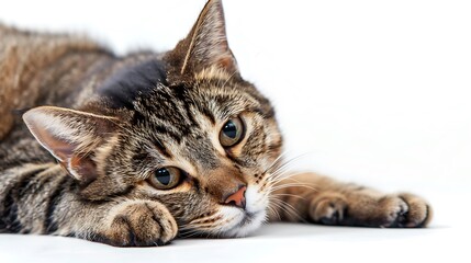 Wall Mural - A close-up of a relaxed tabby cat resting on a surface.