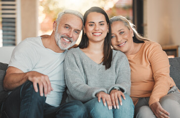 Poster - Senior parents, woman and home portrait, weekend visit and relax together for bonding. Retirement, proud daughter and love family in Argentina, happiness and care for relationship security on sofa