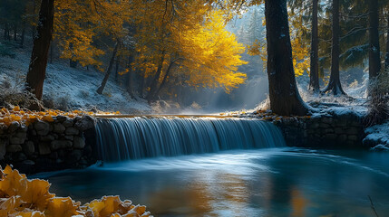 Canvas Print - A cascading waterfall flows through a snowy forest, with sunlight filtering through the trees.