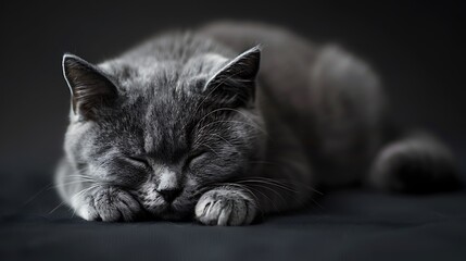 Wall Mural - A peaceful gray cat sleeping soundly on a dark surface, exuding tranquility and comfort.