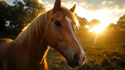 A close-up of a brown horse's face with a white stripe on its nose looking towards the setting sun.