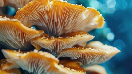 Wall Mural - Close-up of yellow mushrooms with detailed gills and a blurred background.