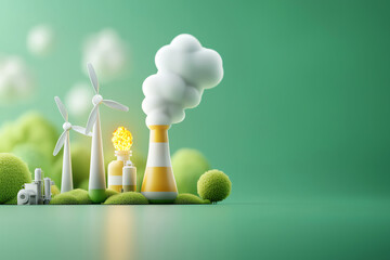 A conceptual representation of energy sources showcasing wind power and pollution in a vibrant green environment.