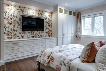 Wall Mural - Photo of A bedroom with floral wallpaper, featuring an elegant bed and TV on the wall above it. The room also has white cabinets for storage.