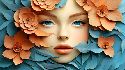 A close-up portrait of a woman's face, framed by delicate paper flowers and leaves in shades of blue and orange.