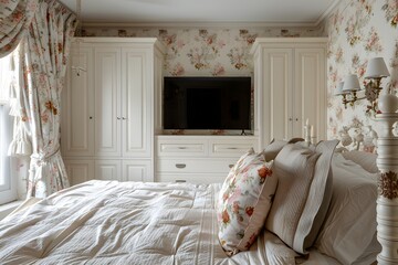 Wall Mural - Photo of A bedroom with floral wallpaper, featuring an elegant bed and TV on the wall above it. The room also has white cabinets for storage.