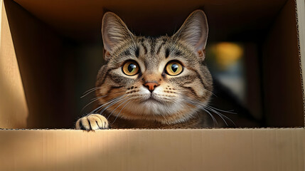 Wall Mural - A curious tabby cat peering out of a cardboard box.