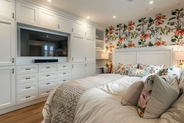 Wall Mural - Photo of A bedroom with floral wallpaper, featuring an elegant bed and TV on the wall above it. The room also has white cabinets for storage.