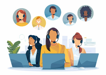Poster - Customer Service Representatives in Call Center Providing 24/7 Technical Support with Headsets and Laptops During Daytime