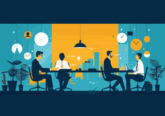 Poster - Business Team Discussion and Planning in Modern Office Setting with Minimalistic Vector Illustration for Strategy and Productivity