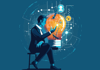 Poster - Inventor Searching for Creative Solutions Missing Part Concept in Modern Technology Innovation Vector Illustration